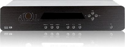 Atoll Electronique PR5.1 sort home-cinema forforstærker set forfra, frontpanel i børstet aluminium, blåt display