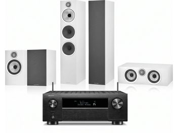 Juodas Denon namų kino komplektas su baltomis Bowers & Wilkins grindinėmis, lentyninėmis ir centrine kolonėlėmis