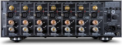 Чорний багатоканальний підсилювач потужності NAD M28, задній вигляд, 7 каналів, аудіовходи та виходи, акустичні клеми, елементи керування