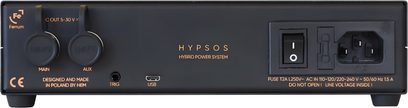 Fuente de alimentación hi-fi Ferrum Audio HYPSOS vista trasera, doble salida DC, puertos trigger y USB, interruptor y toma de corriente