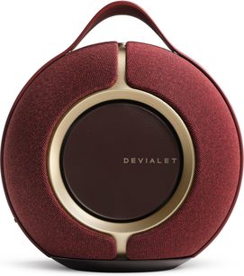 Портативна колонка Bluetooth DEVIALET MANIA, червона Opéra de Paris, вигляд спереду, червона тканина, золотисте металеве кільце, верхня ручка