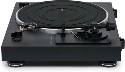 Giradischi Thorens TD 101 A nero opaco, vista dall'alto, braccio di lettura con testina, piatto, sollevamento braccio, manopole di regolazione