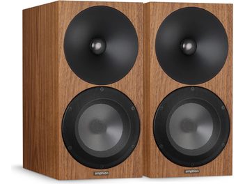 Par högtalare i bokhyllsformat Amphion Argon3X i valnöt, med svart trattare och gallertweeter, framifrån