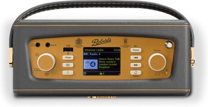 Roberts Revival iStream 3L -harmaa hiilivärinen pöytäradio teksturoidulla keinonahalla, etunäkymä, kaareva kumipäällysteinen kahva ja kultaiset reunukset, kultainen etupaneeli keskellä värinäyttöä, kaksi pyöreää säätönuppia, rivi painikkeita, kuulokeliitäntä ja USB-portti