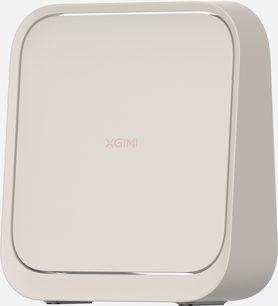 XGIMI Elfin Flip beamer, vooraanzicht, vierkante vorm, afgeronde hoeken, glad oppervlak, lichte kleur, logo gecentreerd