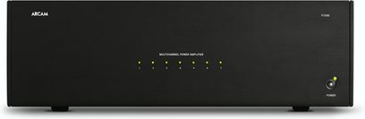 Arcam DIVA-P1000 effektforstærker, set forfra, sort front med 5 grønne LED'er og tænd/sluk-knap