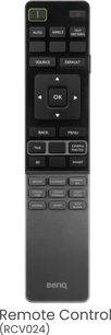 Fekete "BenQ RCV024" távirányító 35 szürke és zöld gombbal, előlről nézve