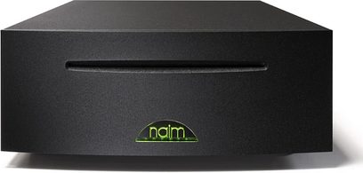 Naim UnitiServe netværksaudioafspiller, minimalistisk matsort kabinet, front med sprække og grøn logo, set forfra