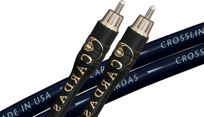 1 m Cardas Crosslink analoginis RCA garso kabelis, aukso sluoksnio kištukai, juoda apvalkala, išsamūs galų vaizdai