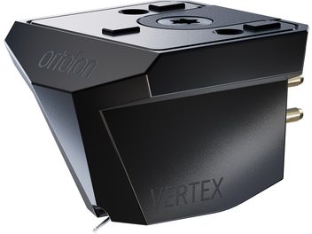 Black Ortofon MC Vertex phono cartridge, angular housing with gold-plated pins, three-quarter view
