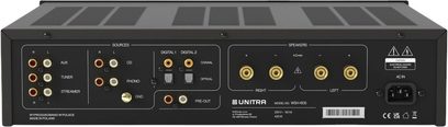 Ampli hi-fi stereo Unitra WSH-605 i sort metal, bagside, højttalerterminaler, RCA, koaksial- og optisk indgang