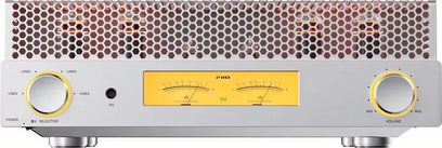 FiiO EA13 gümüş renkli stereo lambalı entegre amplifikatör, sarı VU metreli ön panel ve çift döner düğme