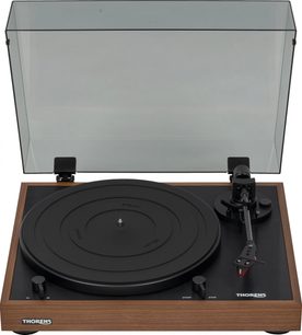 Gramofon Thorens TD 402 DD OAK 2R černý s dřevěným podstavcem a zvednutým průhledným krytem