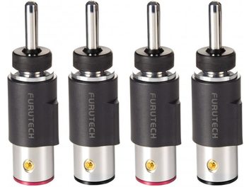 Quattro spinotti banana Furutech FT-212 placcati rodio, connettori cilindrici neri con anello argentato e punta dorata