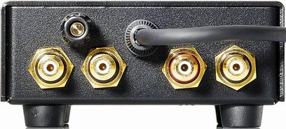 Lehmann Audio Black Cube SE II sølv phono forforsterker, frontvisning, 4 gullbelagte RCA-kontakter, svart dreieskive, sølvfarget metallkabinett