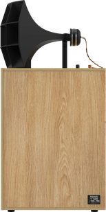 Klipsch boekenplankluidspreker met kast in licht eikenlook en grote zichtbare zwarte hoorn bovenop
