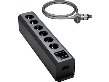 Přepěťová ochranná prodlužovací lišta GigaWatt PF-2 EVO+ černá, 6 zásuvek Schuko s napájecím kabelem LC-2 EVO šedým pleteným