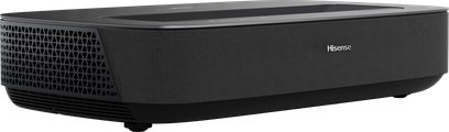 Hisense PL2 Beamer schwarz, Dreiviertelansicht, glatte Oberseite, seitliches Gitter mit dreieckigen Mustern