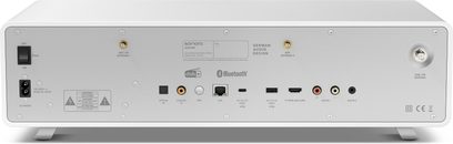Sonoro Avaton bianco opaco-argento, vista posteriore, scocca bianca opaca, pannello argentato effetto metallico, varie porte, connettori per antenna