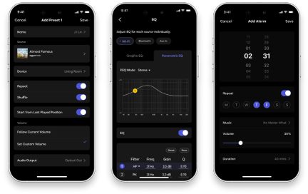 Donkere interface van mobiele audio-app op iPhone, schermen voor muziek-presets, parametrische equalizer en alarm
