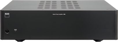 NAD C298 black stereo power amplifier, black front panel with grille, 24 square buttons, NAD logo in top left corner
