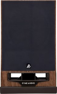 Diffusore da scaffale Fyne Audio F5S noce, cabinet in legno di noce, griglia in tessuto nera, condotto reflex frontale rettangolare, vista frontale