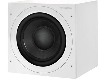 Субуфер Bowers & Wilkins ASW610 бял, изглед отпред под три четвърти с голям черен кръгъл високоговорител