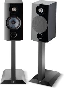 Two black Focal Chora 806 floorstanding speakers, front view, with visible drivers and square base