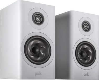 Twee witte Polk Audio R100 boekenplank luidsprekers, vooraanzicht, zwarte drivers, wit hout
