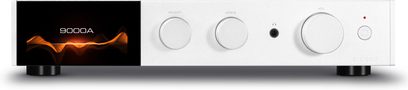 Stereo-Hi-Fi-Verstärker Audiolab 9000A Silber mit schwarzem Display, das eine orangefarbene Welle zeigt, und 3 silbernen runden Knöpfen