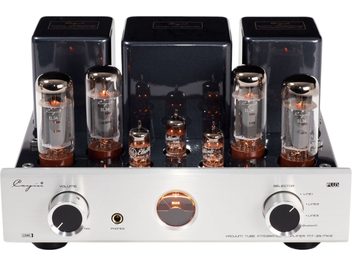Cayin MT-35MK2 Tüplü Amplifikatör Bluetooth, hafif eğimli ön görüntü, parlak siyah metal şasi üzerinde altı adet cam ampul, ön panelde gümüş renkli fırçalanmış alüminyum, iki büyük siyah ve gümüş dairesel düğme, kulaklık girişi ve turuncu arka ışıklandırmalı bir VU metre