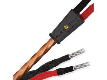 Cavo altoparlante con guaina intrecciata in rame, connettori metallici argentati, terminali nero e rosso, involucro nero con marchio.