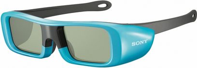 Dětské aktivní 3D brýle Sony TDG-BR50, tyrkysově modrý rámeček a šedá skla, pohled zepředu mírně zešikma