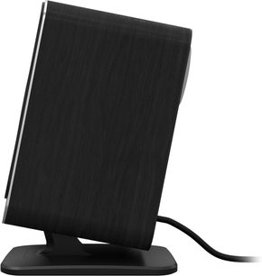 Klipsch Promedia Lumina 2.1 satellithøjttaler set fra siden, sort træfinish på fod med kabel