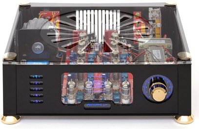 AudioValve Assistent 50 black stereo hi-fi amplifier, front view with open cover, showing vacuum tubes, transformers, and visible circuits