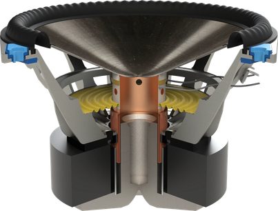 Paradigm Founder 80F diffusore acustico in ciliegio scuro, vista esplosa che mostra i componenti interni tra cui due woofer gialli