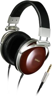 Open Denon AH-D7000 hoofdtelefoon, brede houten drivers, zwart gevoerd hoofdband, ovale bruine oorschelpen