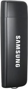 Sort USB-nøgle fra Samsung, set forfra, med afrundede rektangulære former, hvid lodret "SAMSUNG"-skrift på forsiden