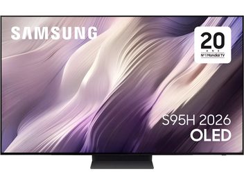 Плоскоекранен черен телевизор Samsung TQ48S95H, изглед отпред, абстрактна визия в лилаво и кремаво, показана на екрана