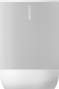 Balta Sonos Move 2 Bluetooth skaļrunis, skats no priekšpuses ar lielu perforētu metāla režģi un vertikālu logotipu