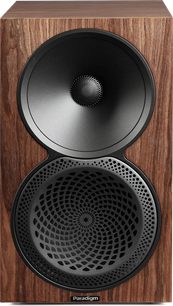 Diffusore da scaffale Paradigm Premier 120B v2 noce, vista frontale, finitura in legno scuro e altoparlanti neri a vista