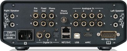 Integrert stereoforsterker hi-fi Cyrus 40 AMP i svart metall, baksidevisning, flere RCA, høyttalerterminaler, USB, HDMI eARC, Ethernet