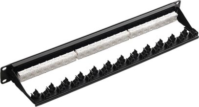 Patch panel 24× RJ45 CAT6 v černém kovovém provedení s dvěma řadami bílých konektorů a černými plastovými držáky kabelů