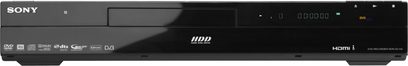 Sony RDR-DC105 sort Blu-ray-optager, frontvisning, digitalt display, knapper og stik på forsiden