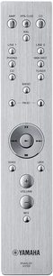 Yamaha A-S2100 sort/mørkt træ hi-fi stereoforstærker. Front med knapper, drejeknapper og stik. Set forfra