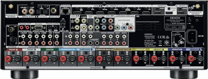 Denon AVR-X4400H sort hjemmebiografsforstærker, frontpanel, frontvisning, mange stik og knapper, digitalt display
