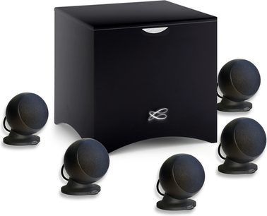 Pack 5.1 Alcyone 3 mat sort, kubisk subwoofer, 5 sfæriske højttalere på stativer, set forfra