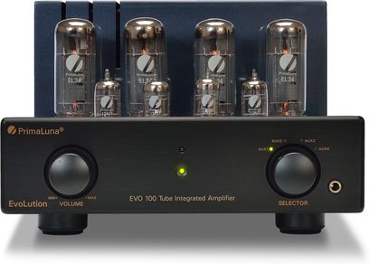 Amplificatore a valvole PrimaLuna EVO 100 nero, vista frontale, 4 valvole EL34 e 2 valvole 12AU7 sulla parte superiore, pannello frontale con 2 manopole rotanti