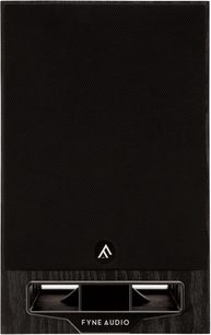 Bogreolshøjttaler Fyne Audio F5E, set forfra, sort gitter, centralt logo, rektangulær port nederst, mørk træfinish