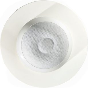 Enceinte encastrable au plafond Cabasse Eole 3 in ceiling blanche, vue de face rapprochée, grille métallique circulaire